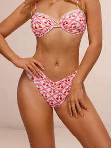 WESTFADE Summer Mixed Cherry & Bows Print Ruched Low V Shape Waist Ruffle Lace High Cut Leg Bikini Bottoms Spring Beach Vacation - Pink - View 4
