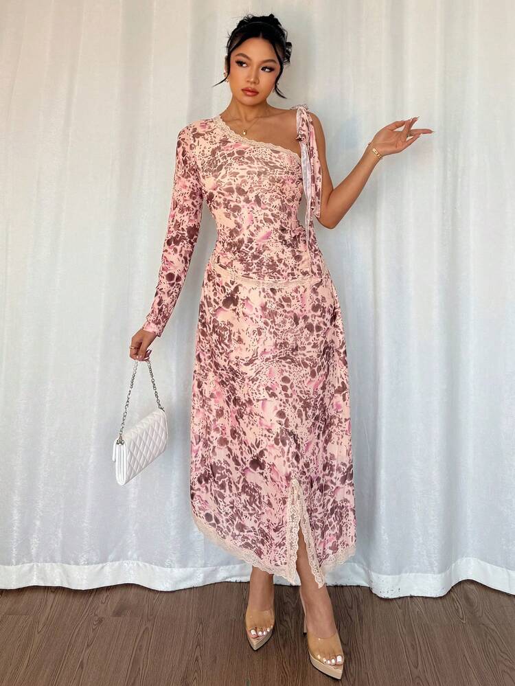 Women Contrast Lace Off Shoulder Tie-Waist Long Dress With Floral Print,Fall Dress Long Sleeve Dress