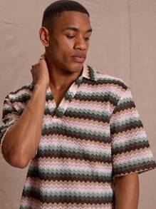 Musero V Neck Striped Textured Short Sleeve Polo Top Spring Summer Vacation Easter Streetstyle Y2k - Multicolor - View 4