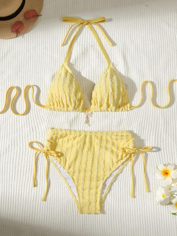 Swim Mod Plus Size Vrouwen 2-delige Bikini Badmode Set, Schattige Gele Textuur Stof Halter Halter Stropdas Decor, Geschikt Voor Zomer Strandvakantie