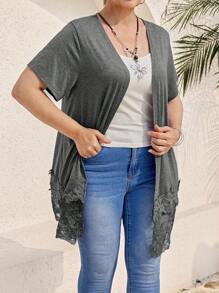 EMERY ROSE Plus Size Women Solid Color Short Sleeve Contrast Lace Coat,Country Casual Vacation,Simple And Fashionable For Everyday Wear, Vacation Summer Office Wear, Summer Festival Boho,Holiday - Grey - View 5