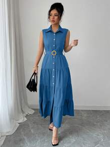 Elenzga Women's Casual Solid Color Front Button Sleeveless Dress, Summer - Dusty Blue - View 3