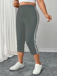 SHEIN LUNE Plus Size Women Striped Casual Skinny Elastic Slim Fit Cropped Sports Leggings, Spring And Summer - Grey - View 3