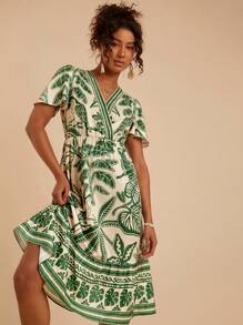 Travachic Women's Beige Summer Tropical Printed Short Sleeve V-Neck Midi Dress,Boho Casual Flowy Sun Dress,Holiday Vacation Beach Outfits,Bohemian Tea Party - Green - View 3