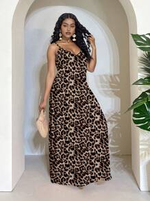 Slaydiva Vestido de talla grande de estampado de leopardo minimalista casual, versátil para el verano - Marrón - Ver 7