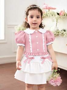 SHEIN Baby Mädchen Sommer süßes rosa farblich abgesetztes Set mit Peter Pan Kragen Bluse und Rüschensaum Mini Rock - Verschiedenfarbig - Übersicht 8