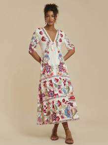 Travachic V-Neck Floral Lace Patchwork A-Line Botanical Print Vacation Dress For Women - Multicolor - View 7