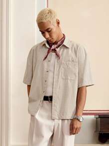 SWAVVY Men's Casual Plaid Letter Embroidery Loose Woven Short Sleeve Khaki Boxy Shirt, For Summer Outfit