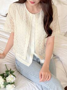 DAZY Women's Mock Layered Short Sleeve Textured Shirt, Solid Color Casual Everyday - Beige - View 6