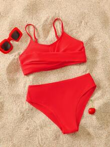 SHEIN Tween Girls Matching Set Design Crossed Bikini Swimsuit, Suitable For Beach, Vacation - Red - View 1