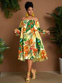 Maweii 大码热带印花露肩休闲度假连衣裙 - 彩色 - 查看 4
