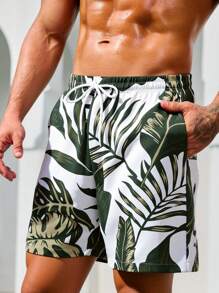 Manfinity Swimmode Men's Green Tropical Leaf Print Pocket Polyester Beach Shorts - Green - View 3