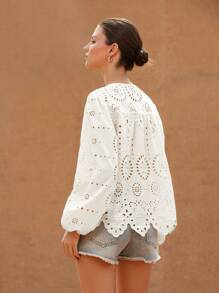 Frievida Áo cánh nữ tay dài cổ tròn thêu viền phong cách Boho thời trang cho mùa xuân thu - trắng - Xem 2