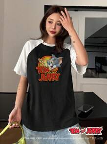 TOM AND JERRY X DAZY Women's IP Collab Color Block Raglan Sleeve Cartoon Graphic Print T-Shirt Cute Tops - Black - View 5