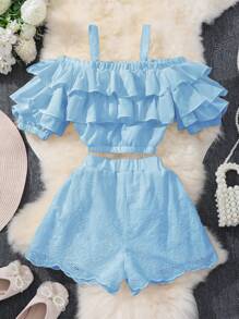 2pcs Tween Girls Ruffle Trim Ruffle Blouse & Embroidered Ruffle Hem Shorts Set, School, Campus, College - Teal Blue - View 2