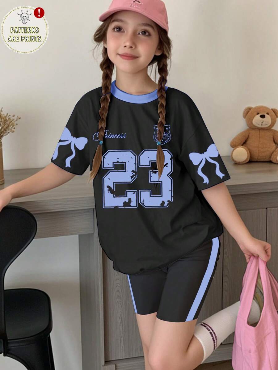 SHEIN Leap Crew Tween Girls' Casual Simple Short Sleeve T-Shirt And Shorts 2 Pieces Set, Suitable For Summer - Multicolor - View 1