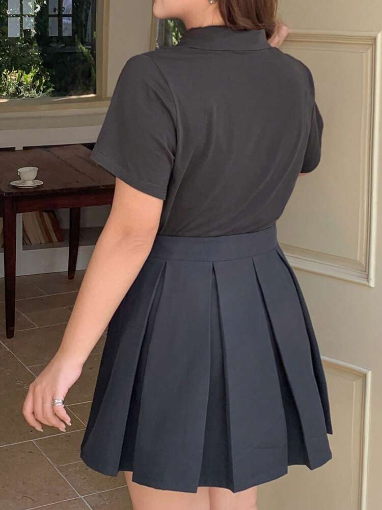 Dazy Plus 2 Pieces Set: Solid Color Polo Shirt Top And Pleated Mini Skirt Lounge Sets For Women