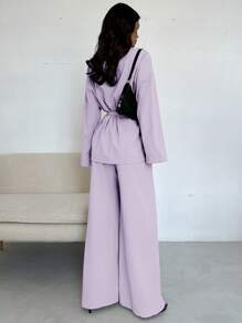 Firerie Women Elegant Casual Holiday Office Lapel Waist Tie Loose Shacket And High Waist Casual Long Pants, Autumn/Summer Purple - Lilac Purple - View 2