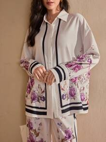 Graceveil 2 件套：女式长袖花卉印花衬衫和松紧腰裤，春夏季