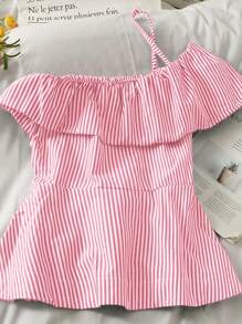 INAWLY Blusa da donna con colletto asimmetrico, righe, balze sul fondo e nodo in vita