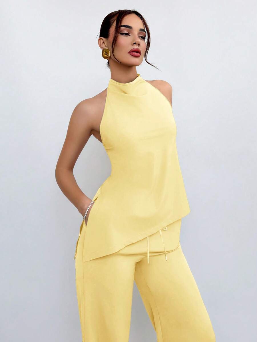 Aloruh Summer Casual Commuting Solid Color Backless Halter Neck Top + Pants Set - Yellow - View 1
