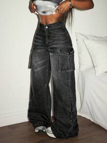 Slaydiva 女士休闲洗水阔腿工装牛仔裤 - 深灰色 - 查看 7