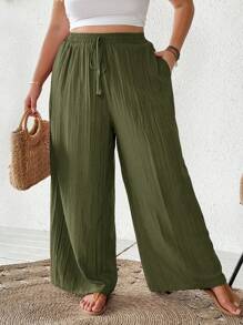 SHEIN CURVE+ Plus Size Summer Women Casual Beach Wear Fashion Office Lady Elegant Wide Leg Pants, Pocket Pants, Beach Holiday