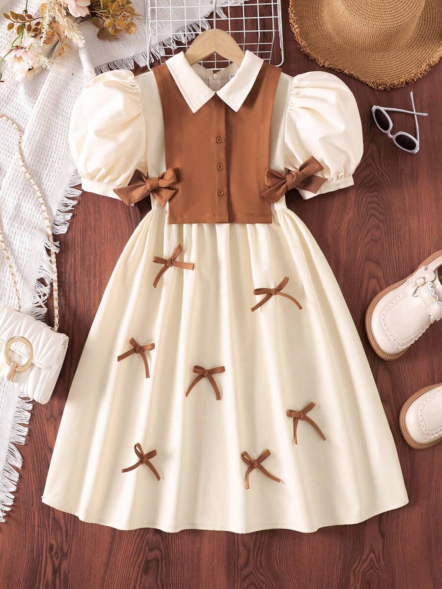 SHEIN Leap Crew 2 件青少年女孩休闲侧系带拼色无袖背心,搭配荷叶边领泡泡袖连衣裙分层装,返校季 - 卡其色 - 查看 1