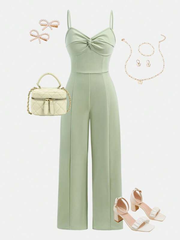 SHEIN Girlism Mono de tirantes verde matcha para adolescentes, mono con parte delantera cruzada y retorcida, color pastel, atuendo para invitada de boda, mono para fiesta