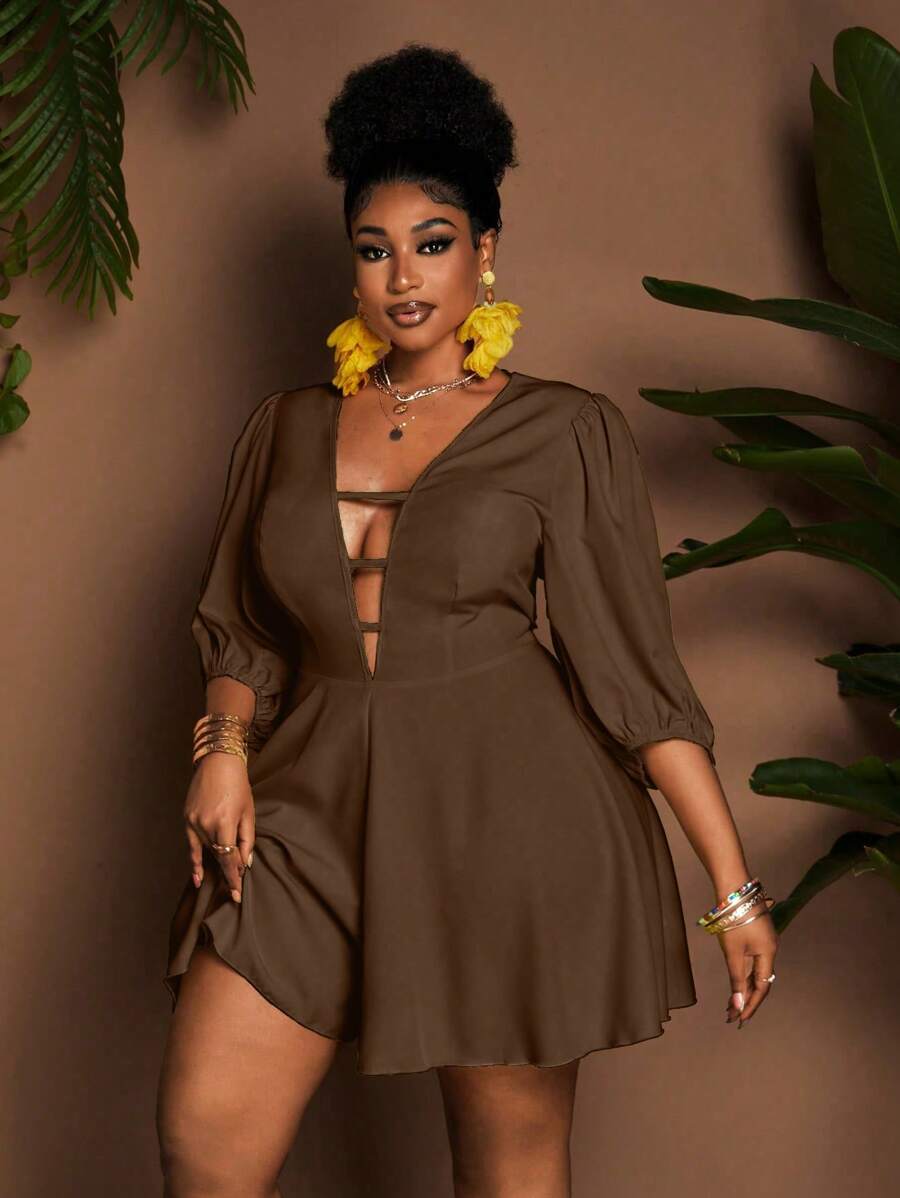 Maweii Plus Size Solid Color Puff Sleeve Romper For Vacation - Brown - View 1