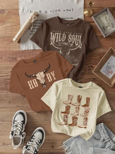 Attitoon Set de 3 camisetas ajustadas de mujer de manga corta con cuello redondo y patrón simple casual, adecuado para el verano, estilo vaquero, estampado de vaca occidental, apropiado para festivales de música