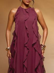 Hauture Vestido maxi de cuello halter con volantes multicapa y bajo en vacaciones - Morado Violeta - Ver 5