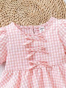 SHEIN Baby Girls Pink Plaid Puff Sleeve Short Sleeve Top, Summer - Pink - View 6