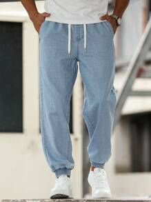 Manfinity Homme Plus Size Men's Casual Drawstring Waist Tapered Leg Denim Jeans For Summer - Light Wash - View 7