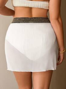 Swim Lushoire Plus Size Women's Black & Gold Ribbon Splice Mesh Sheer Cover Up - White - View 2