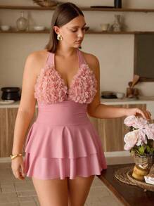 Swim Chiccia Plus Size Solid Floral Print Halter Tankini Swimsuit Set For Summer Beach Vacation - Dusty Pink - View 1