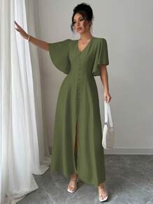 Elenzga 女士优雅纯色 V 领 A 字形开衩袖装饰长款休闲连衣裙，适合春夏季茶会、度假、通勤