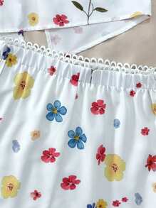 SHEIN Ensemble de deux pièces pour adolescentes, composé d'un haut sans manches à encolure en U imprimé de fleurs tissées beiges et de dentelle, et d'une mini-jupe. Style décontracté pour les jours fériés et festivals, style bohème, convient pour le printemps et l'été, le déjeuner