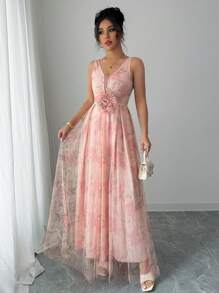 Elenzga Elegant Floral V-Neck Sleeveless Net Mesh Cinched Waist A-Line Dress, Graduation/Derby Racing/Cocktail Party Occasion, Spring, Romantic & Graceful - Multicolor - View 4