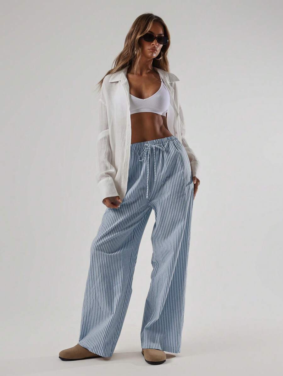 MUSERA 夏季亚麻质感系带腰裤，休闲优雅波西米亚风，适合海滩度假、假日出行、机场休闲、秋季返校季等场合。 - 藍色 - 查看 1