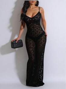 INAWLY 大码性感透明弹力黑色蕾丝紧身连衣裙，派对/俱乐部服装，春/夏 - 黑色 - 查看 1