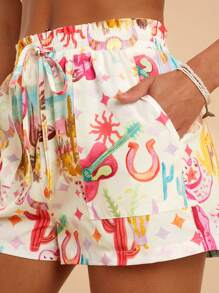 Travachic Quần short ống rộng lưng cao dệt họa tiết in cho nữ, họa tiết mùa hè, kỳ nghỉ, phong cách Boho Chic, bãi biển, phong cách Boho thường ngày, nhiệt đới, tốt nghiệp, phong cách quý tộc cổ điển cho nữ, tự thắt dây - Nhiều màu - Xem 1