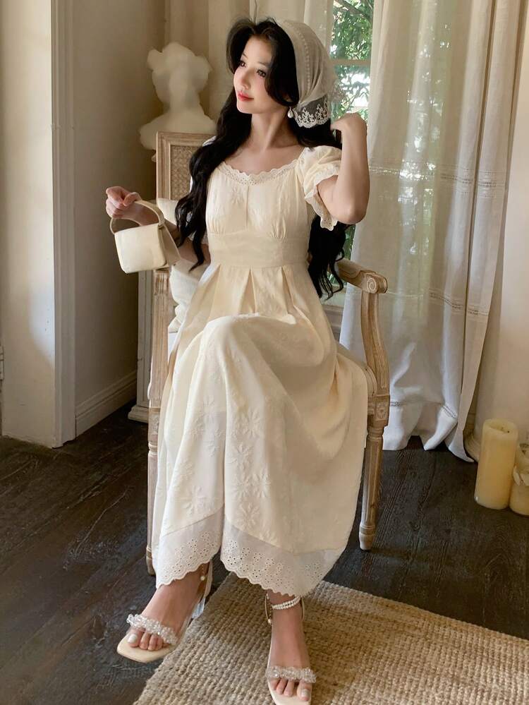 Square Neck Puff Sleeve Lace Ruffle Hem A-Line Midi Dress For Women,Casual Women Dresses