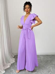 Elenzga New Women V-Neck Ruffled Sleeve Pleated Wide Leg Jumpsuit With Waist Cincher, Daily Casual Commuting Party Dating Young Elegant Slimming Jumpsuit - Purple - View 4
