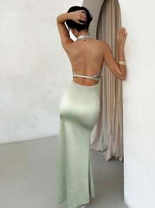 Glamine Elegant Halter Neck Backless Dress With Pearl Decor, Figure-Flattering, Suitable For Formal Occasions And Garden Parties - Mint Green - View 2