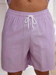 Manfinity Homme Men's Solid Color Striped Textured Summer Short Sleeve Outfit Outfits For Men Men Shirt Co Ords Summer Two Pieces Set For Men Men Two Pieces Sets Men Two Pieces Outfits Short Set Outfits For Men Summer - Mauve Purple - View 6