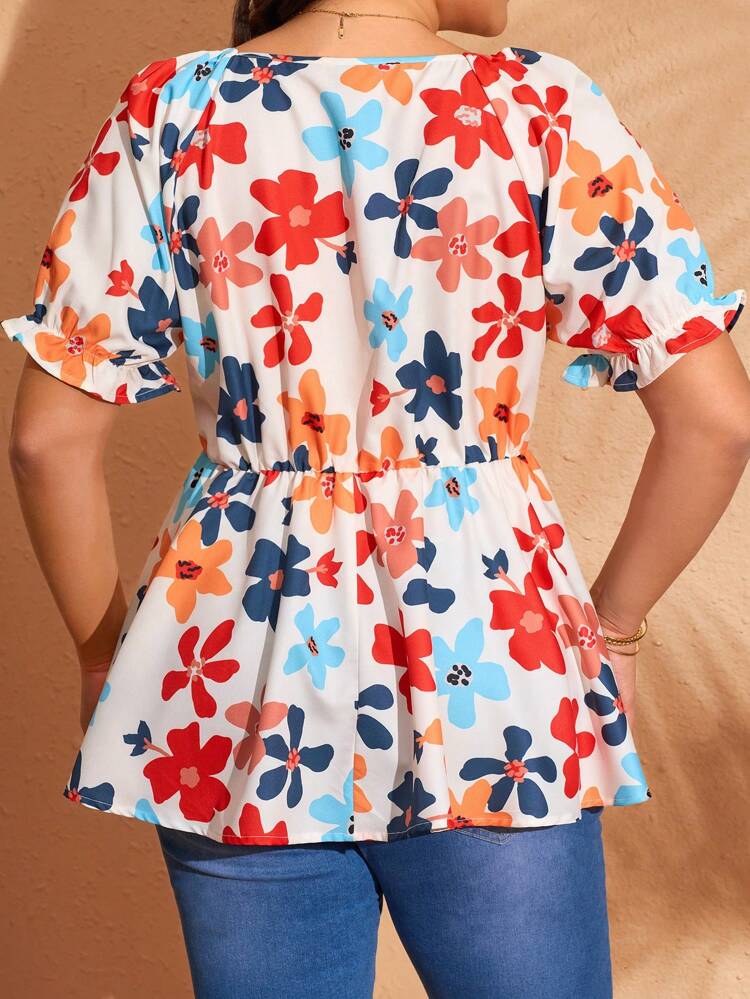 Plus Size Floral Print Sweetheart Neck Twist Design Short Sleeve Babydoll Top Summer For Women, Vacation Woman