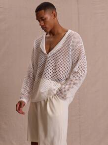 Musero Blusa de cuello en V oversize de ganchillo de manga larga para primavera y verano, ideal para vacaciones y estilo callejero de Pascua