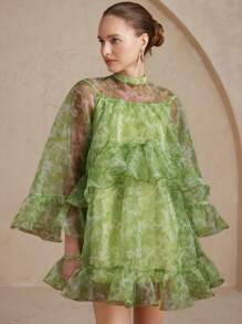 Aveloria Rosie Váy mini xếp nếp organza hoa cao cấp lãng mạn thanh lịch, váy dự tiệc dài tay cho quý cô ngày lễ tình nhân - màu xanh lá - Xem 3