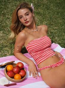 Swim Mod 25SS Fresh Girl Style Red Plaid Tankini - Red - View 4